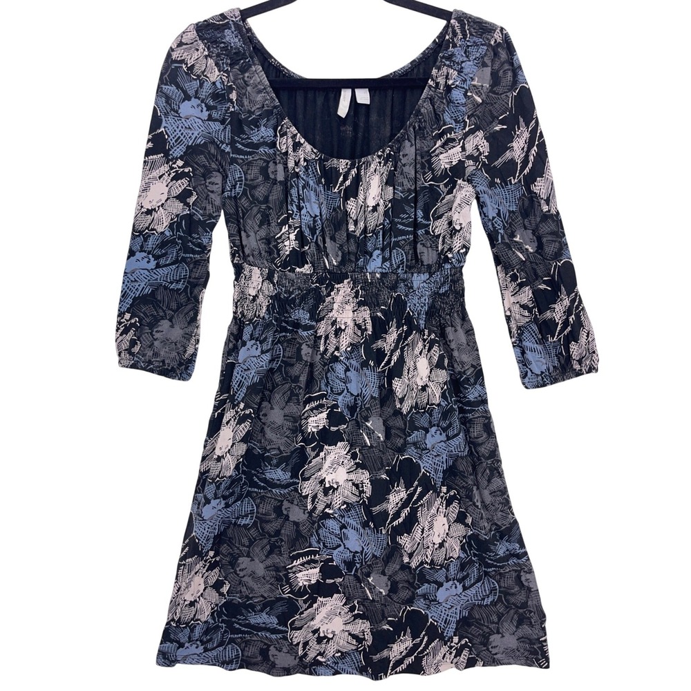 Y2K Old Navy Black Blue Floral Smocked Waist Dress XS Scoop Neck Boho Cotton